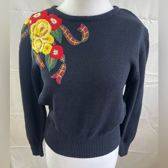 Vintage Bechamel Floral  Embroidered Black Sweater size M - Picture 2 of 11